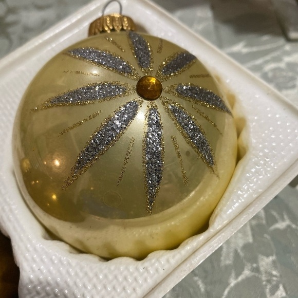 2 Glass Ball Christmas Ornament - Gold Ball With Rhinestones & Glitter W.Germany - Picture 3 of 6
